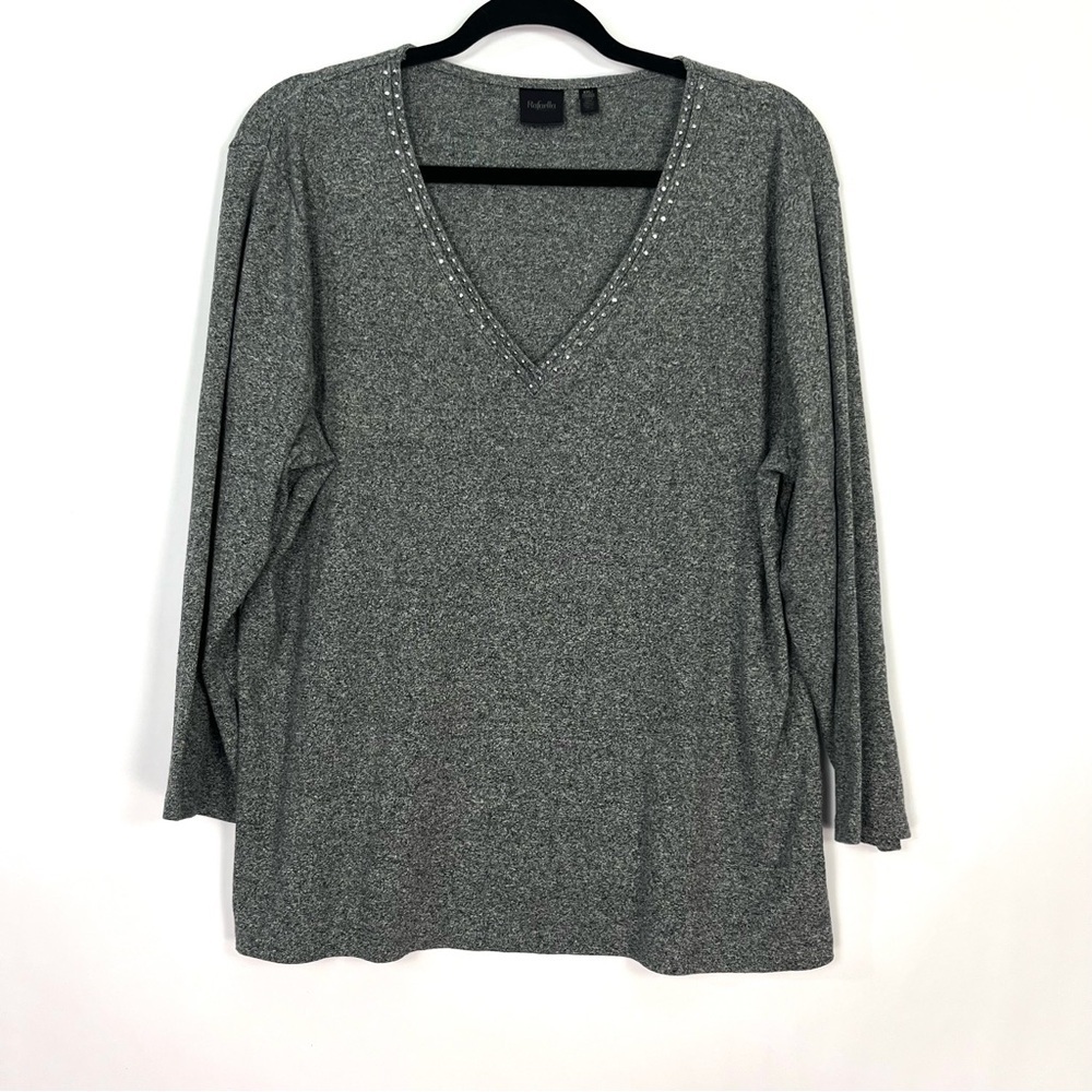 Rafaella Grey V Neck Studded Stone 3/4 Sleeves Lightweight Sweater Sz XXL